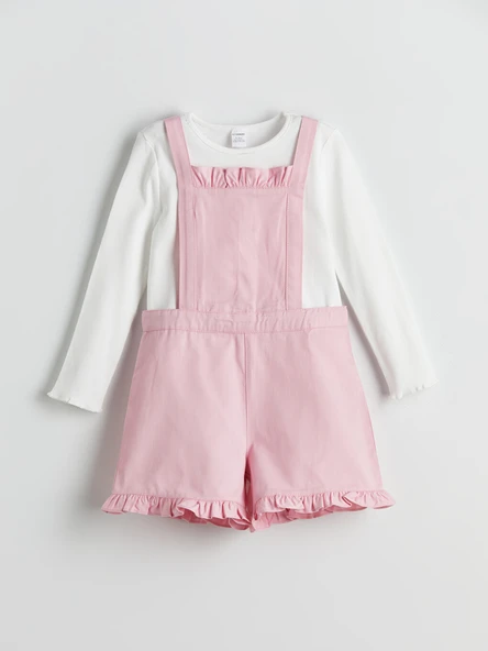 LCW Kids Pembe Bisiklet Yaka Uzun Kollu Basic Kız Çocuk Tişört ve Salopet ürün görseli 1
