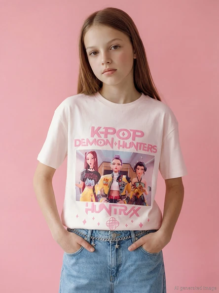 LCW Kids Ekru K-Pop Demon Hunters Baskılı Kız Çocuk Tişört ürün görseli 1