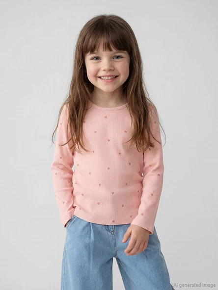 LCW Kids Pembe Bisiklet Yaka Kalp Baskılı Kız Çocuk Tişört ürün görseli 1