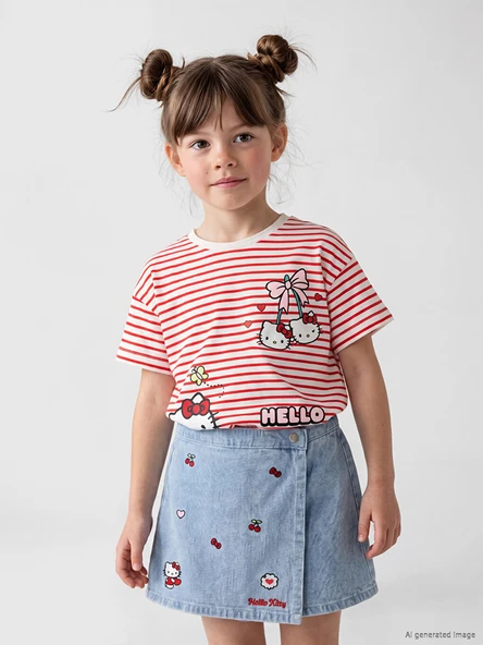 LCW Kids Kırmızı Bisiklet Yaka Hello Kitty Baskılı Kız Çocuk Tişört ürün görseli 1