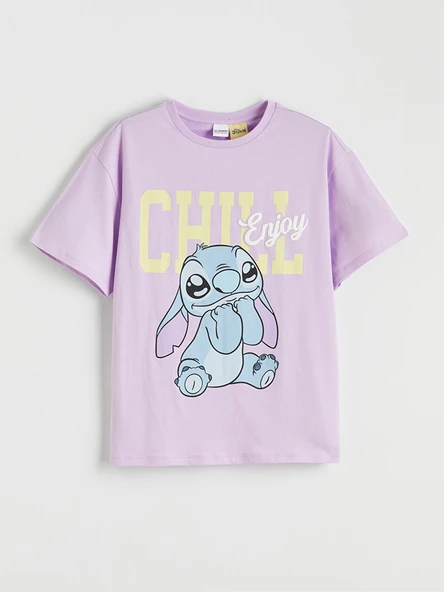 LCW Kids Lila Stitch Baskılı Bisiklet Yaka Kız Çocuk Tişört ürün görseli 1