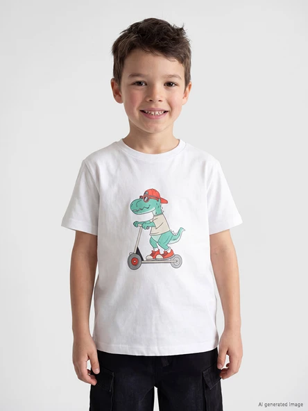 LCW Kids Beyaz Bisiklet Yaka Baskılı Erkek Çocuk Tişört ürün görseli 1
