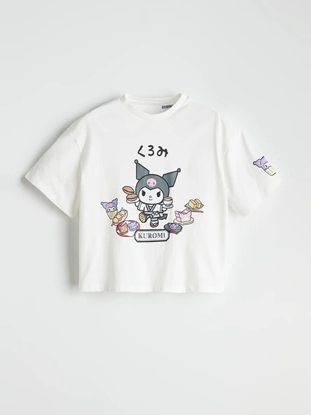 LCW Kids Beyaz Bisiklet Yaka Kuromi Baskılı Kız Çocuk Tişört ürün görseli 1