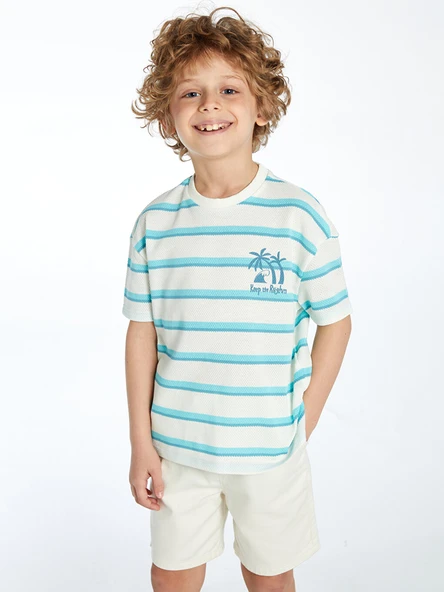 LCW Kids Ekru Bisiklet Yaka Çizgili Erkek Çocuk Tişört ürün görseli 1