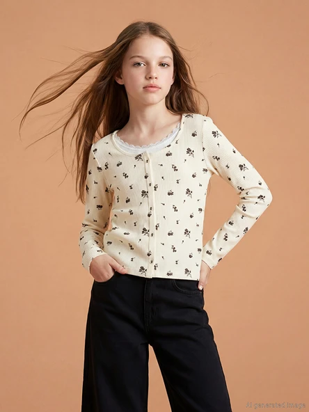 LCW Kids Ekru Bisiklet Yaka Çiçekli Kız Çocuk Fitilli Tişört ürün görseli 1