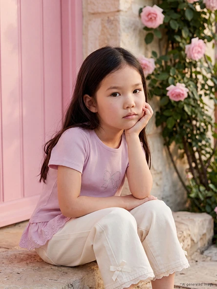 LCW Kids Lila Baskılı Fırfırlı Kız Çocuk Tişört ürün görseli 1