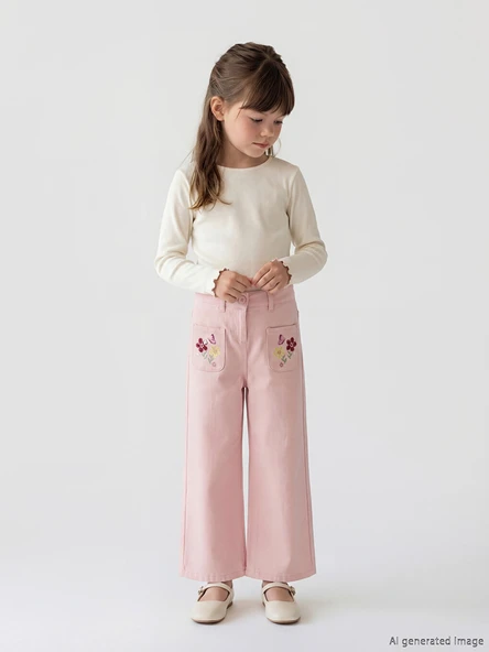 LCW Kids Pembe Wideleg Kız Çocuk Nakışlı Gabardin Pantolon ürün görseli 1