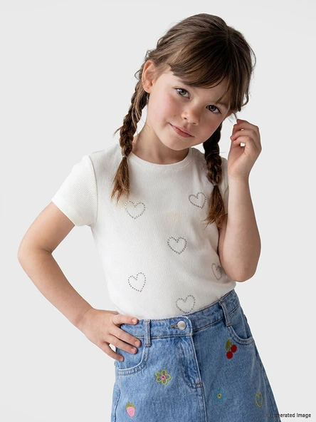 LCW Kids Beyaz Taşlı Kalp Desenli Kız Çocuk Fitilli Tişört ürün görseli 1