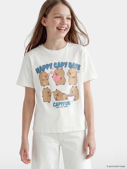 LCW Kids Beyaz Bisiklet Yaka Capyfun Baskılı Kız Çocuk Tişört ürün görseli 1