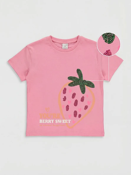 LCW Kids Pembe Bisiklet Yaka Payet İşlemeli Kız Çocuk Tişört ürün görseli 1