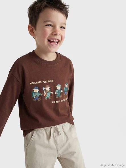 LCW Kids Kahverengi Erkek Çocuk Baskılı Uzun Kollu Tişört ürün görseli 1
