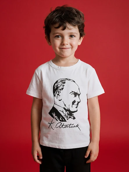 LCW Kids Beyaz Bisiklet Yaka Atatürk Baskılı Erkek Çocuk Tişört ürün görseli 1