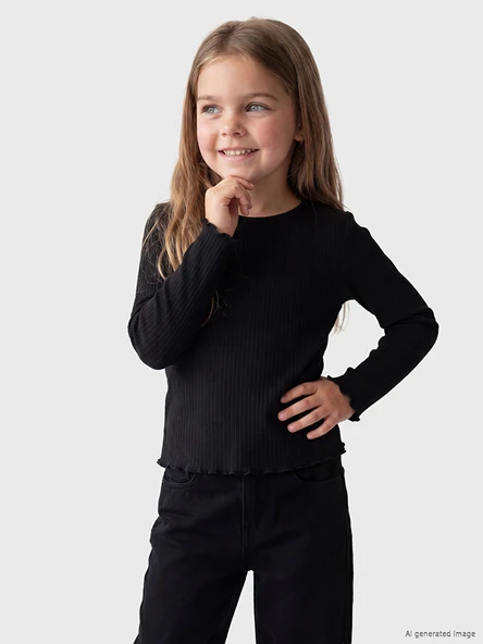 LCW Kids Siyah Bisiklet Yaka Fitilli Fırfırlı Kız Çocuk Tişört ürün görseli 1