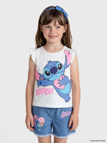 LCW Kids Beyaz Bisiklet Yaka Stitch Baskılı Kız Çocuk Atlet ürün görseli 1
