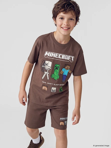 LCW Kids Kahverengi Bisiklet Yaka Minecraft Baskılı Erkek Çocuk Tişört ürün görseli 1