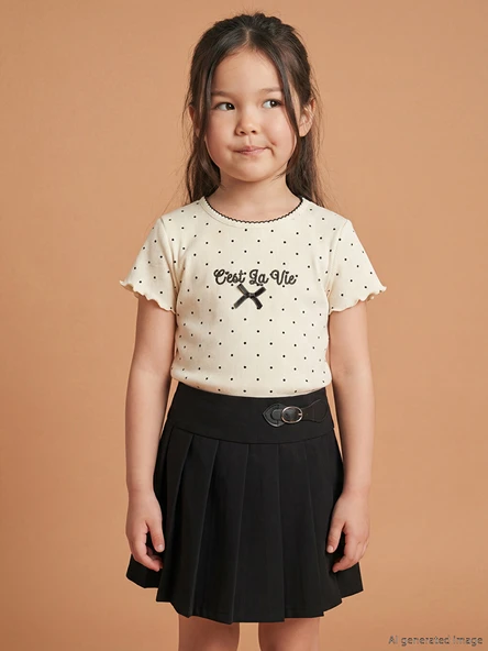 LCW Kids Ekru Bisiklet Yaka Kız Çocuk Fitilli Tişört ürün görseli 1