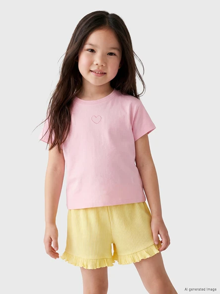 LCW Kids Pembe Bisiklet Yaka Nakışlı Kısa Kollu Kız Çocuk Tişört ürün görseli 1