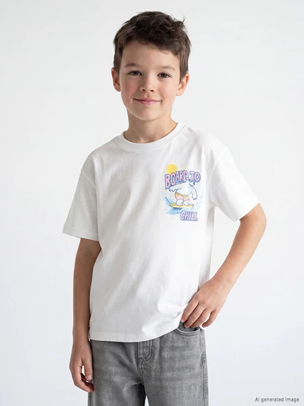 LCW Kids Beyaz Bisiklet Yaka Baskılı Erkek Çocuk Tişört ürün görseli 1