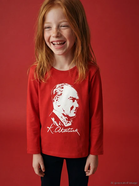 LCW Kids Kırmızı Bisiklet Yaka Atatürk Baskılı Kız Çocuk Tişört ürün görseli 1