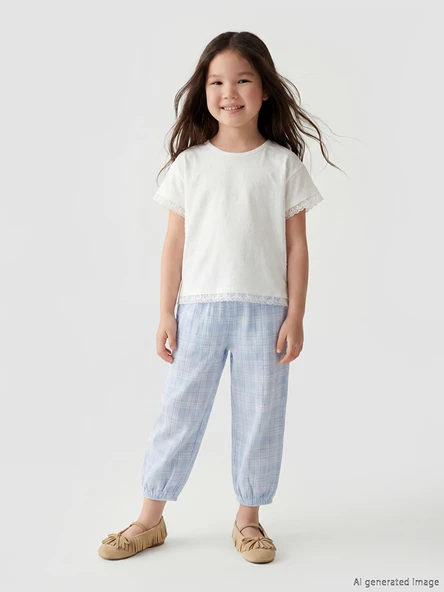 LCW Kids Mavi Beli Lastikli Kız Çocuk Kareli Pantolon ürün görseli 1