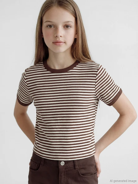 LCW Kids Kahverengi Bisiklet Yaka Simli Çizgili Kız Çocuk Tişört ürün görseli 1