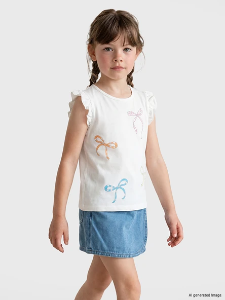 LCW Kids Beyaz Fiyonk Baskılı Kız Çocuk Atlet ürün görseli 1