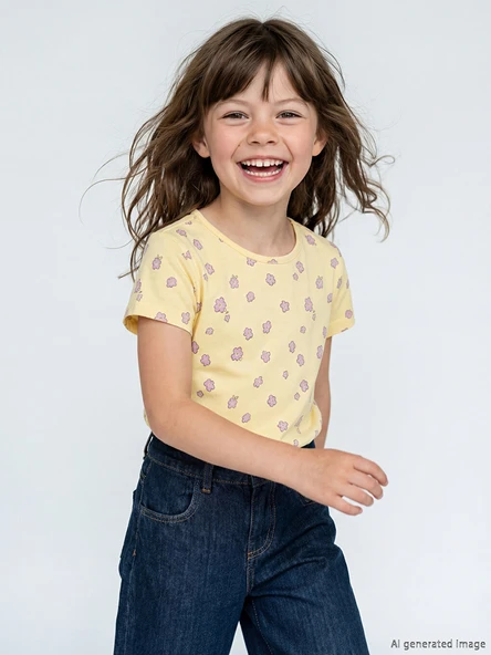 LCW Kids Sarı Bisiklet Yaka Çiçekli Kız Çocuk Fitilli Tişört ürün görseli 1