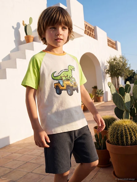 LCW Kids Bej Dinozor Baskılı Erkek Çocuk Tişört ürün görseli 1
