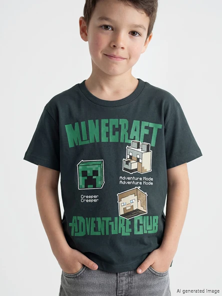 LCW Kids Antrasit Bisiklet Yaka Minecraft Baskılı Erkek Çocuk Tişört ürün görseli 1
