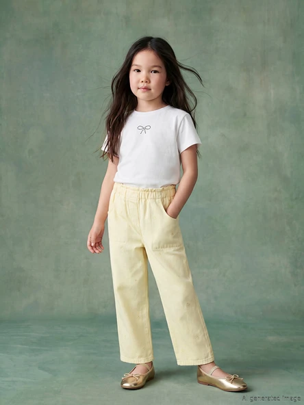 LCW Kids Sarı Regular Fit Kız Çocuk Nakışlı Gabardin Pantolon ürün görseli 1