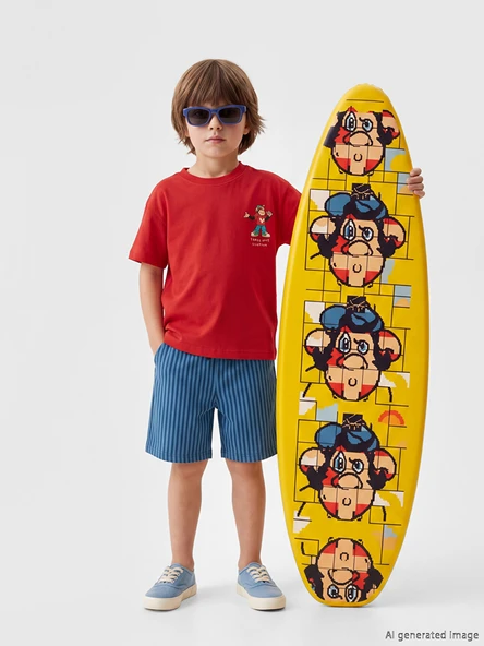 LCW Kids Kırmızı Nostaljik Maymun Baskılı Unisex Çocuk Tişört ürün görseli 1
