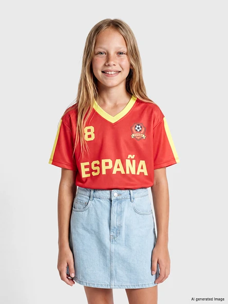 LCW Kids Kırmızı İspanya Baskılı Kız Çocuk Forma Tişört ürün görseli 1