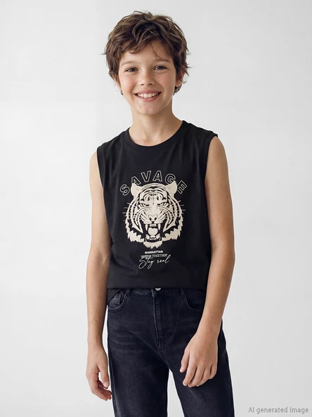 LCW Kids Siyah Bisiklet Yaka Baskılı Erkek Çocuk Atlet ürün görseli 1