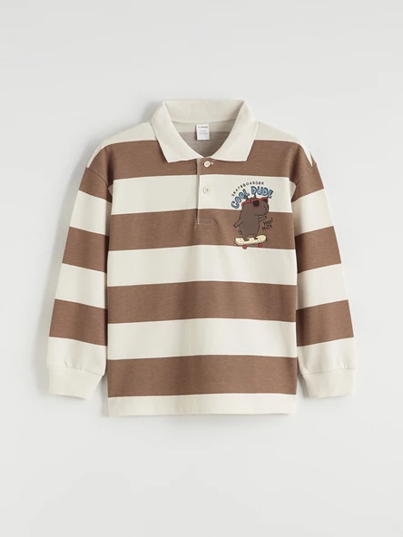 LCW Kids Kahverengi Polo Yaka Çizgili Baskılı Erkek Çocuk Tişört ürün görseli 1