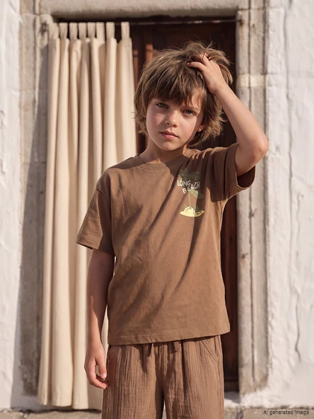 LCW Kids Kahverengi Bisiklet Yaka Baskılı Erkek Çocuk Tişört ürün görseli 1