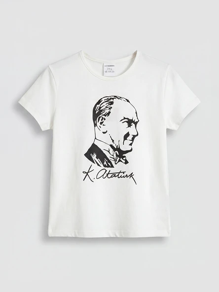 LCW Kids Beyaz Bisiklet Yaka Atatürk Baskılı Kız Çocuk Tişört ürün görseli 1