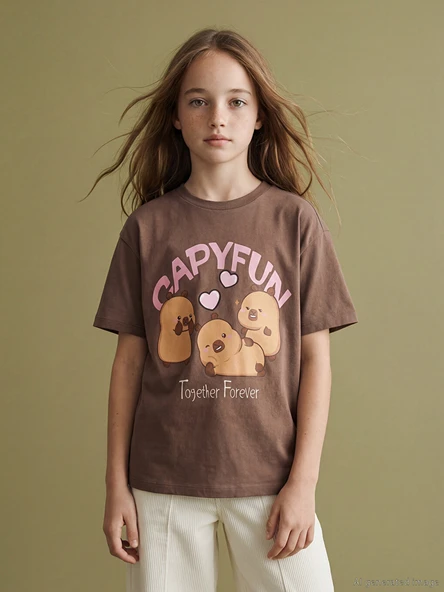 LCW Kids Kahverengi Bisiklet Yaka Capyfun Baskılı Kız Çocuk Tişört ürün görseli 1