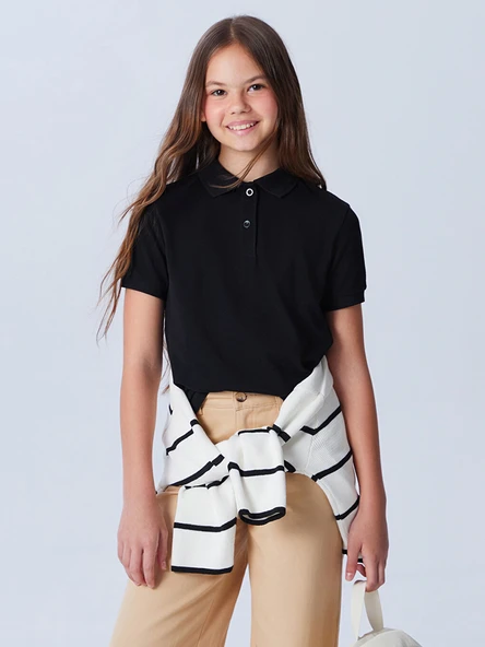 LCW Kids Siyah Polo Yaka Kız Çocuk Tişört ürün görseli 1