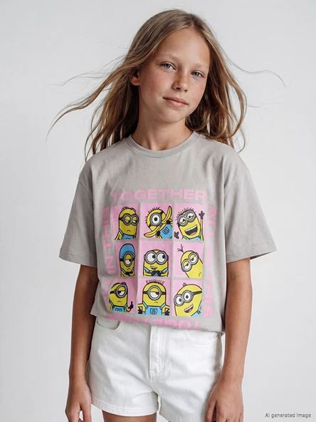 LCW Kids Gri Bisiklet Yaka Minions Baskılı Kız Çocuk Tişört ürün görseli 1