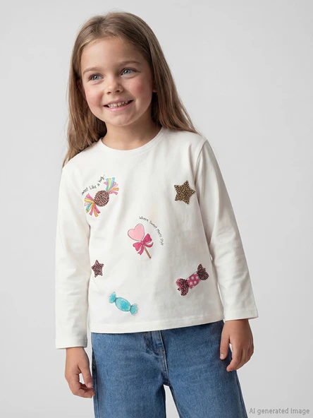 LCW Kids Beyaz Bisiklet Yaka Baskılı Kız Çocuk Tişört ürün görseli 1