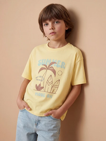LCW Kids Sarı Bisiklet Yaka Baskılı Erkek Çocuk Tişört ürün görseli 1