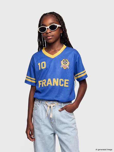 LCW Kids Mavi Fransa Baskılı Kız Çocuk Forma Tişört ürün görseli 1