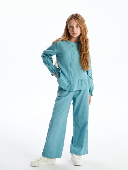 LCW Kids Yeşil Beli Lastikli Dokulu Kız Çocuk Pantolon ürün görseli 1