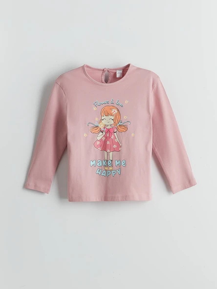 LCW Kids Pembe Bisiklet Yaka Baskılı Kız Çocuk Tişört ürün görseli 1