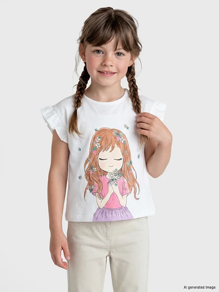 LCW Kids Beyaz Bisiklet Yaka Baskılı Kız Çocuk Tişört ürün görseli 1