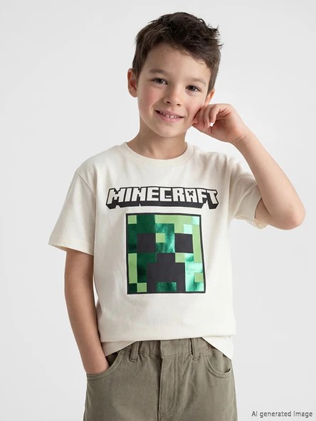 LCW Kids Bej Minecraft Baskılı Erkek Çocuk Tişört ürün görseli 1