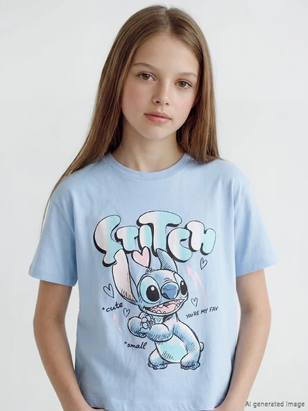 LCW Kids Mavi Bisiklet Yaka Stitch Baskılı Kız Çocuk Tişört ürün görseli 1
