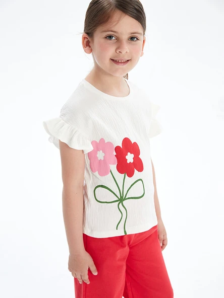 LCW Kids Beyaz Bisiklet Yaka Çiçekli Kız Çocuk Tişört ürün görseli 1
