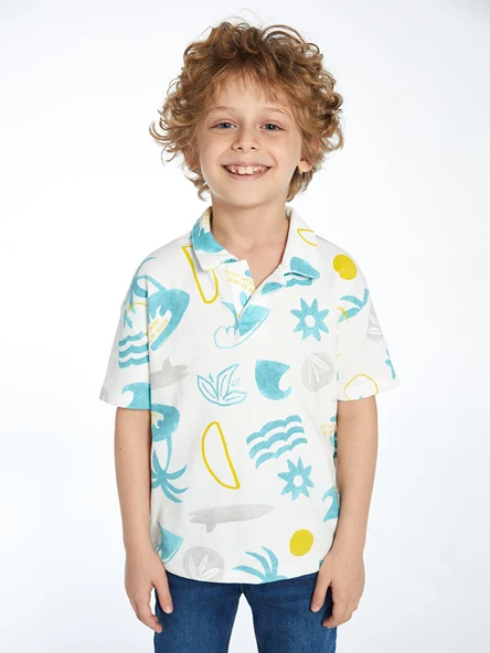 LCW Kids Ekru Resort Yaka Baskılı Erkek Çocuk Tişört ürün görseli 1