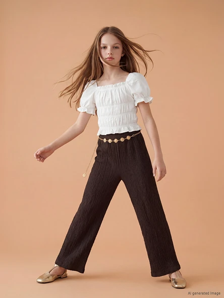 LCW Kids Kahverengi Beli Lastikli Kız Çocuk Geniş Paça Pantolon ürün görseli 1